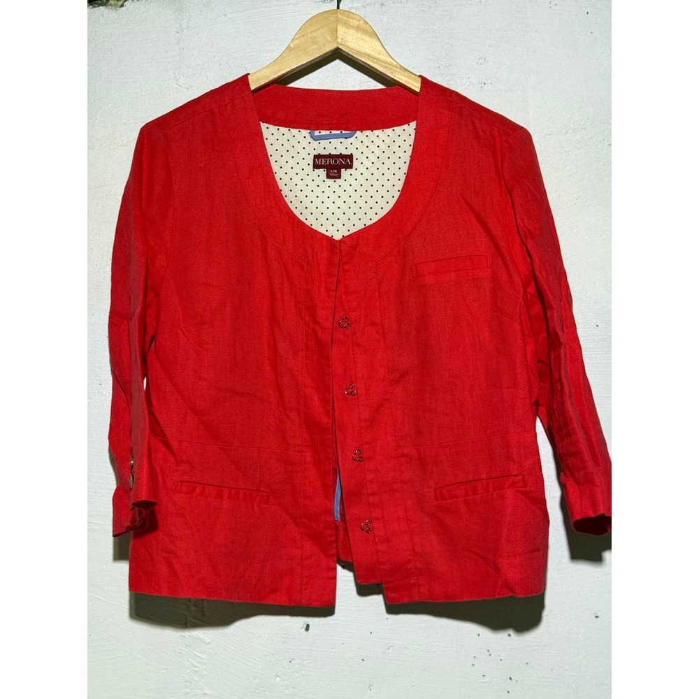 Merona Womens Red Linen Style Collarless Blazer L 3/4 Sleeve Professional Jacket